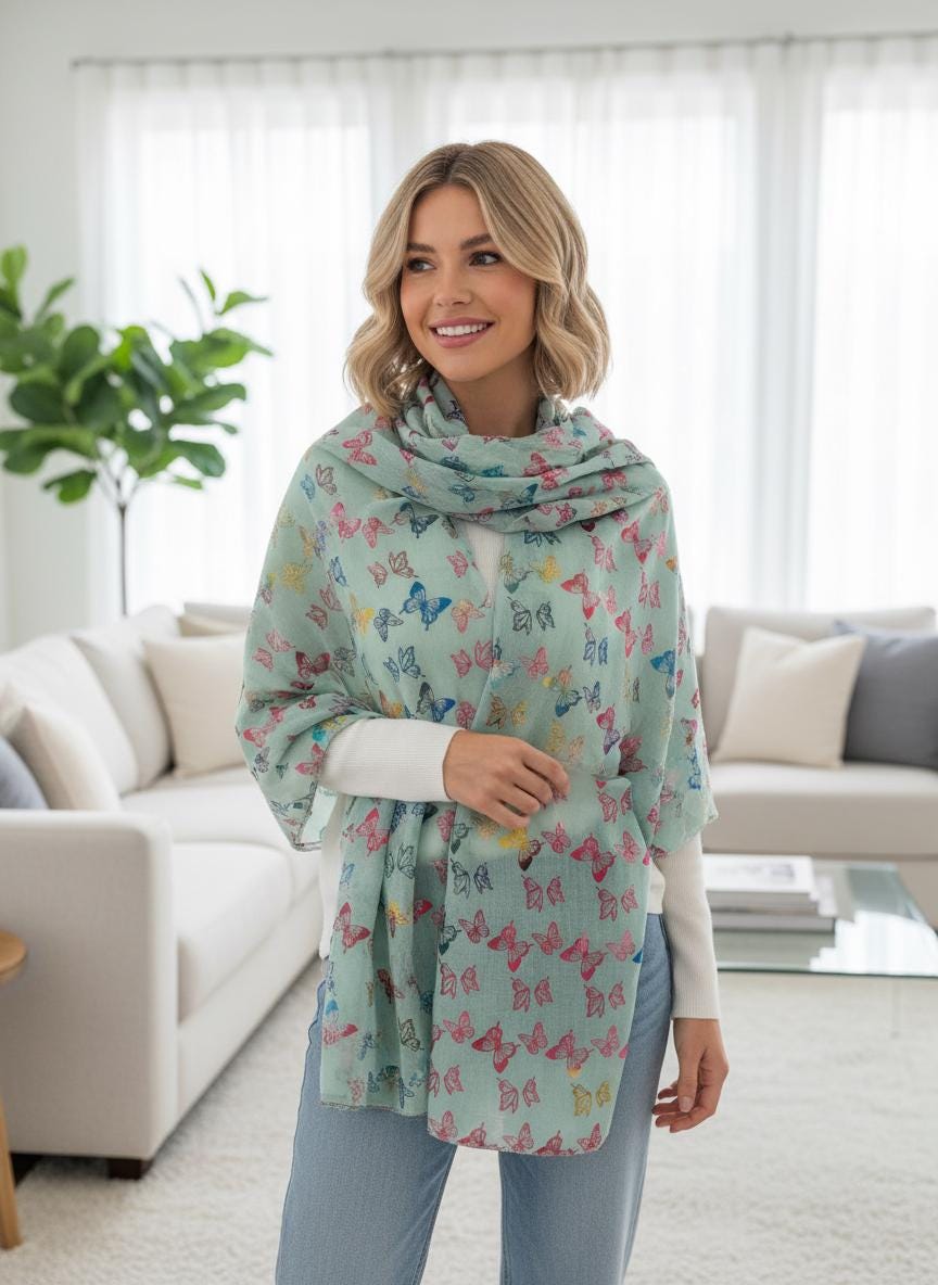 Rainbow Butterfly Print Ladies Celebrity Style Scarves Scarf Wrap Comes with a gift bag