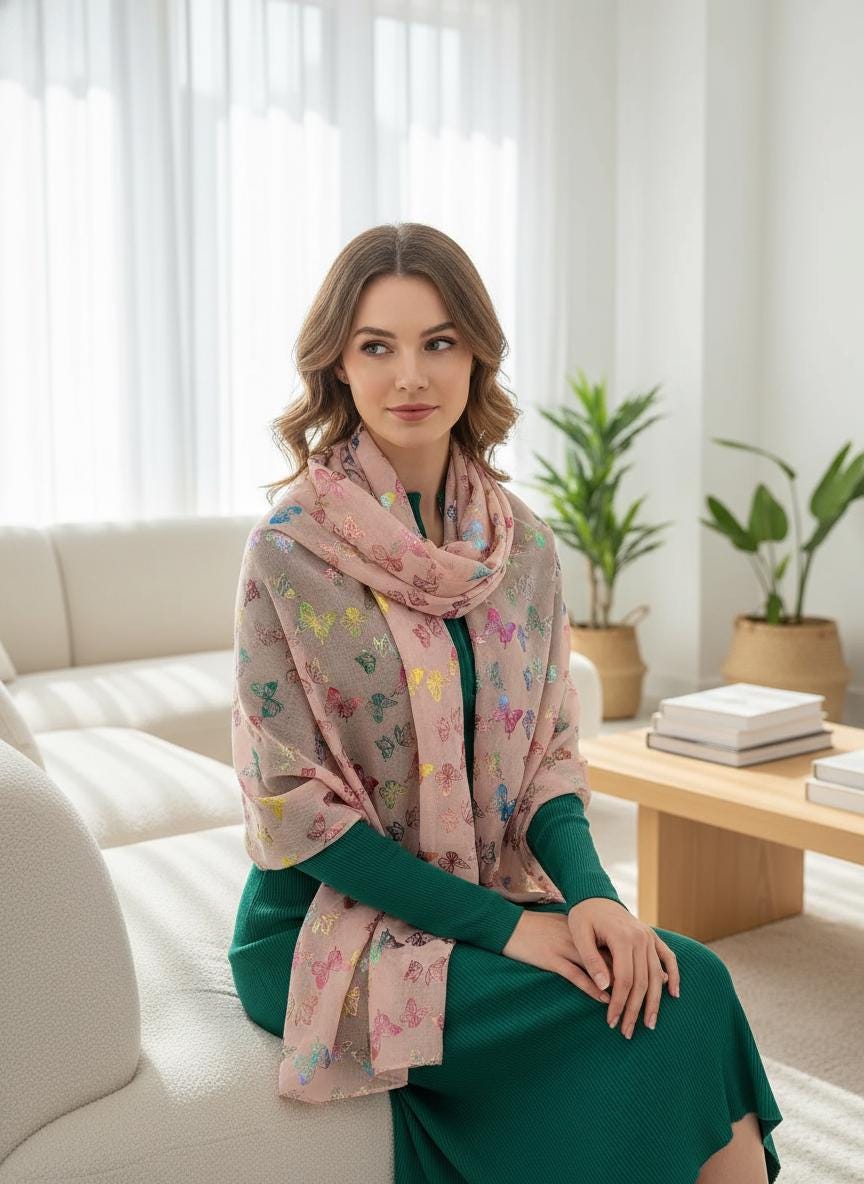 Rainbow Butterfly Print Ladies Celebrity Style Scarves Scarf Wrap Comes with a gift bag