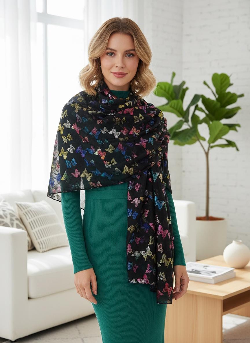 Rainbow Butterfly Print Ladies Celebrity Style Scarves Scarf Wrap Comes with a gift bag