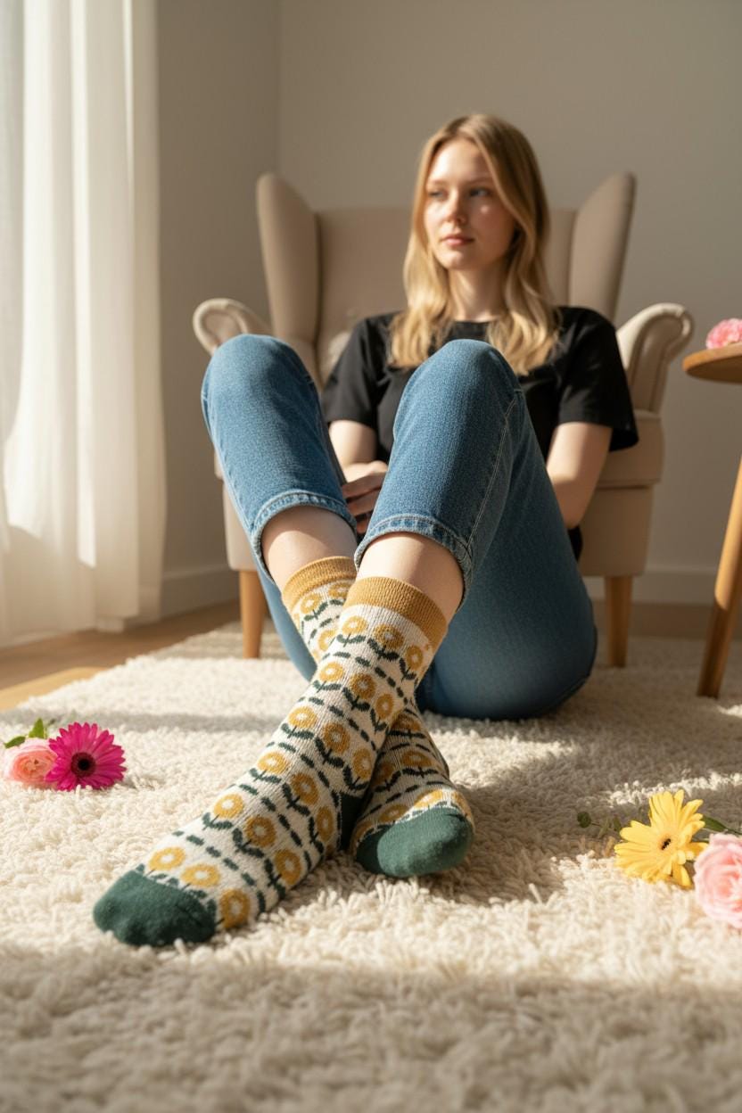 Ladies Seamless Soft Comfort Set of 5 Tree Flower Heart Pattern Crew Socks Premium Quality Gift for Her comes with a gift bag