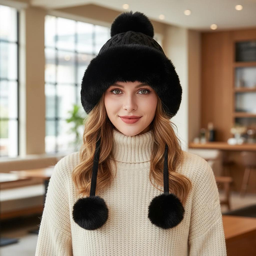 Chunky Knit Pom Pom Beanie Fleece Lined Winter Hat Comes with a gift bag