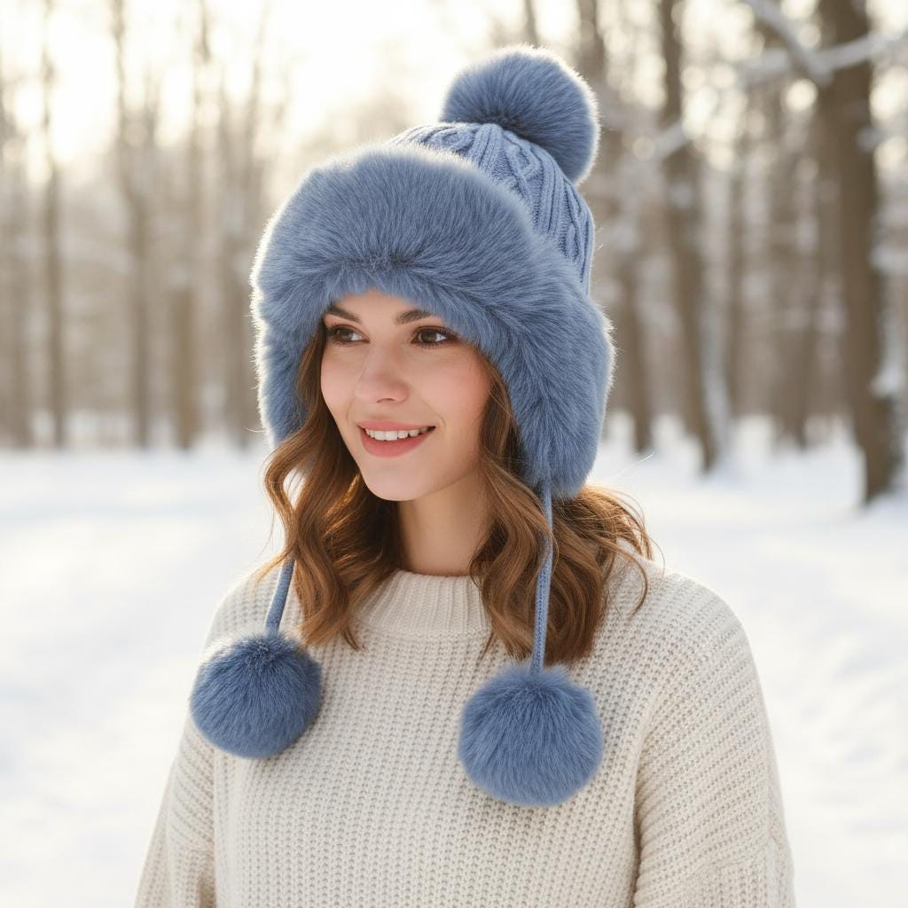 Chunky Knit Pom Pom Beanie Fleece Lined Winter Hat Comes with a gift bag