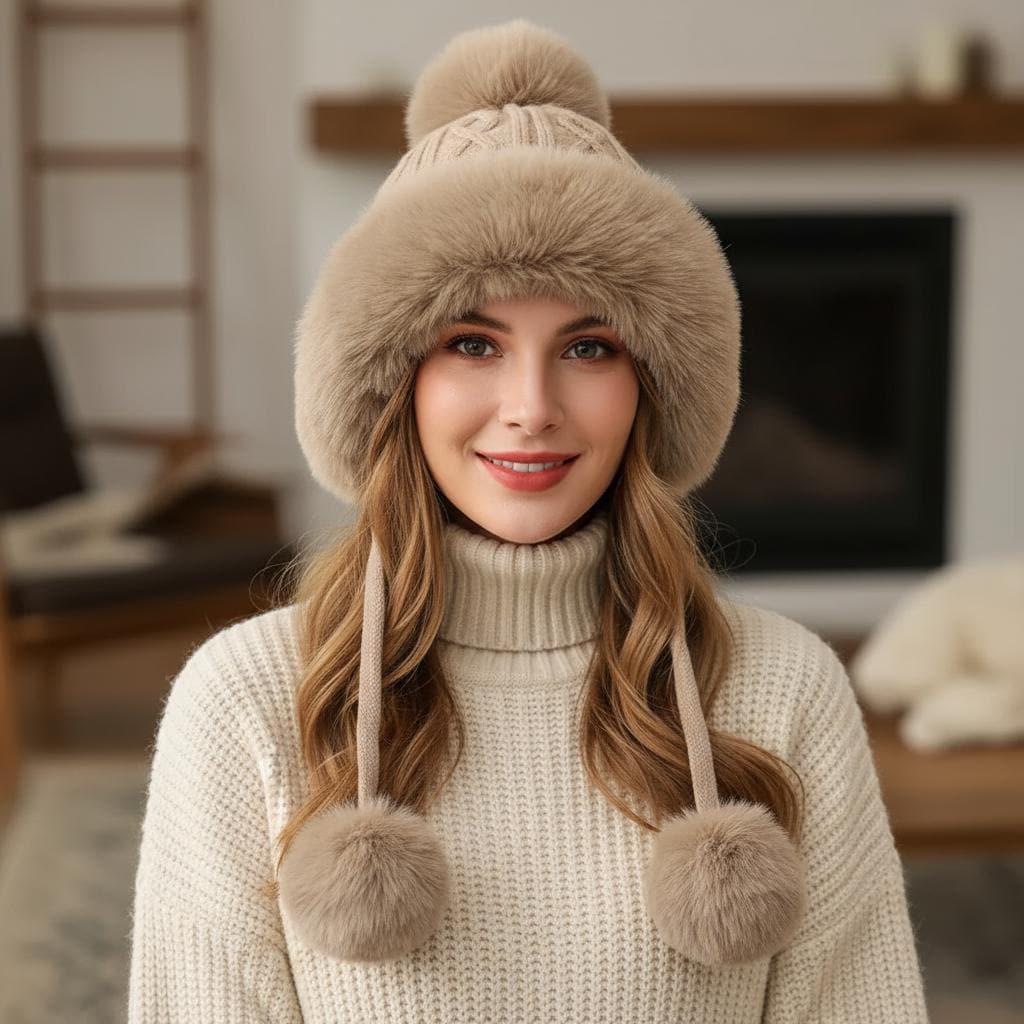 Chunky Knit Pom Pom Beanie Fleece Lined Winter Hat Comes with a gift bag