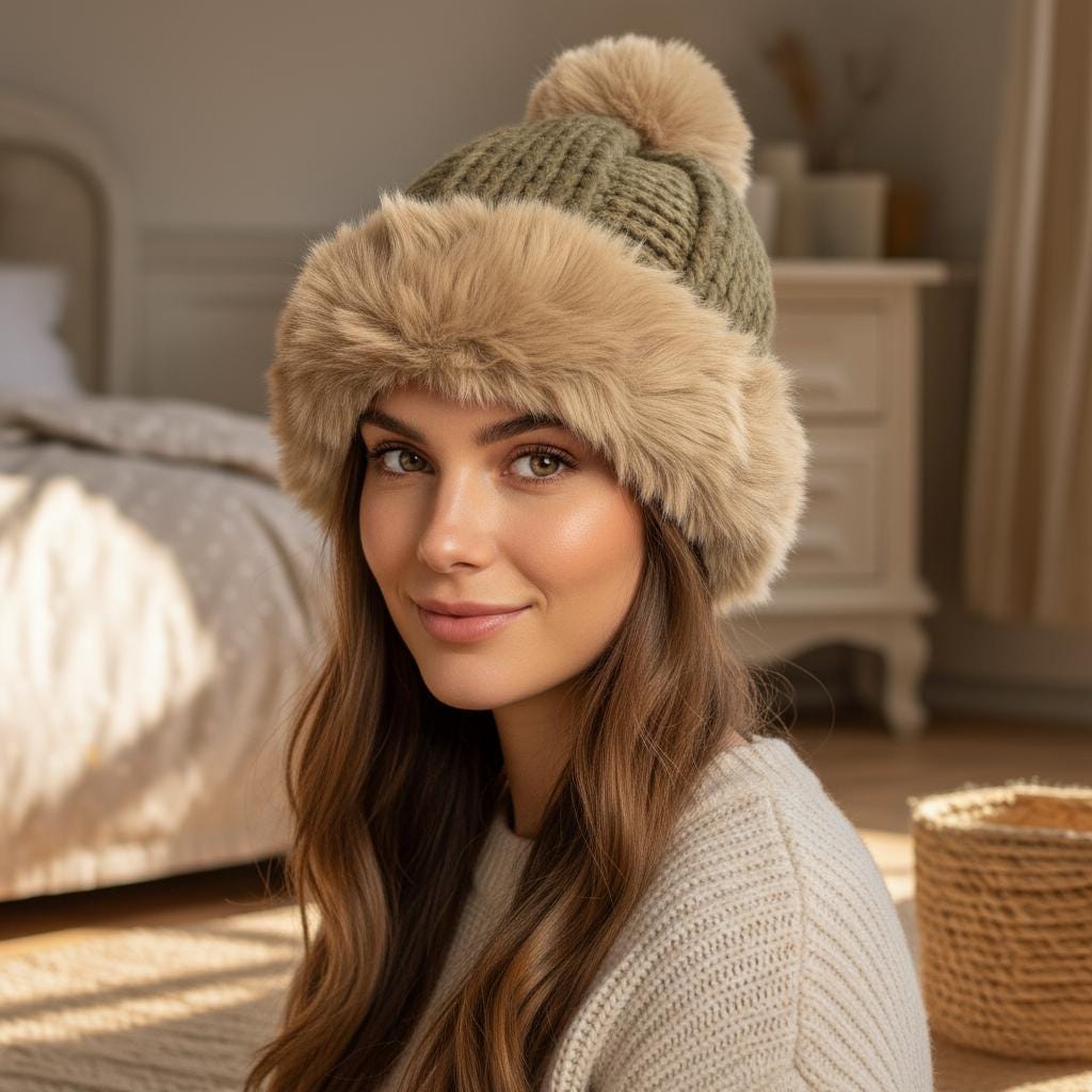 Pom Pom Chunky Knit Beanie Knitted Winter Hat, Boho Winter Beanie Pompom Hat Comes with a gift bag