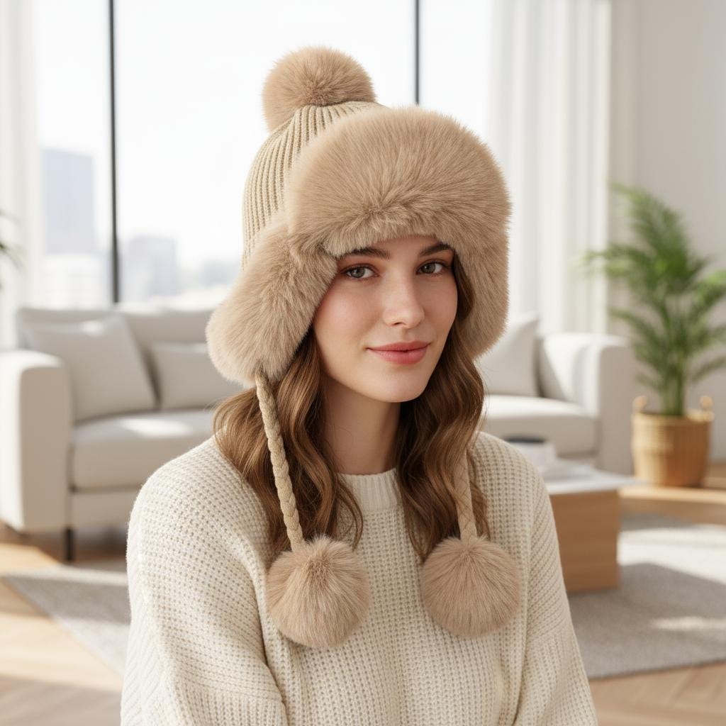Personalized Pom Pom Knit Beanie: Chunky Winter Hat with Fleece Lining Comes with a gift bag