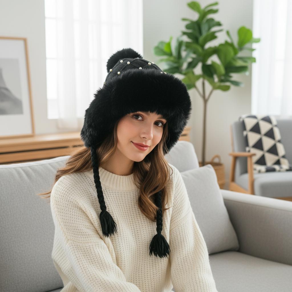 Pom Pom Chunky Knit Beanie Pearl With Fleece Fuzzy Lining Inside, Knitted Winter Hat, Boho Winter Beanie Pompom Hat Comes with a gift bag