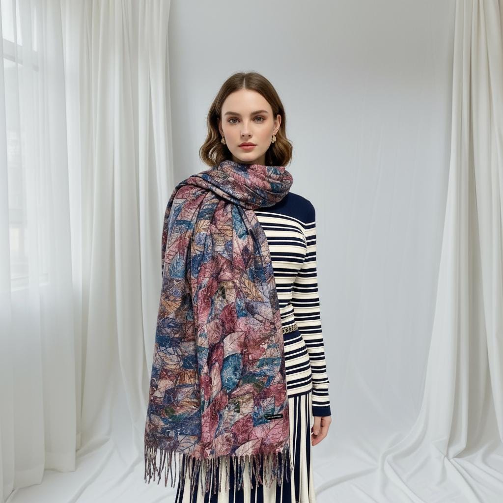 Leaf Print Oversized Scarf Watercolour Botanical Wrap Long Fringed Blanket Scarf Shawl