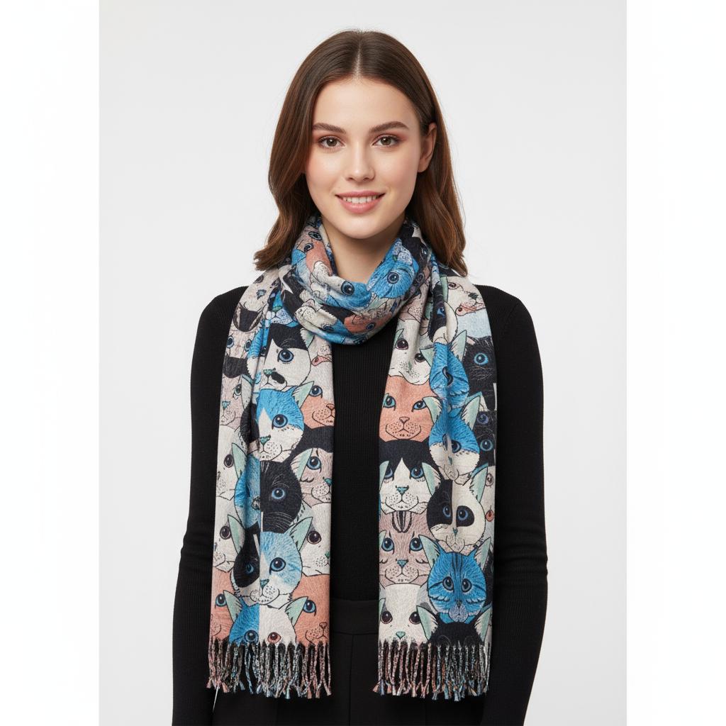 Cute Cat Print Cashmere Feel Shawl Wrap Scarf For Women Comes with a gift bag