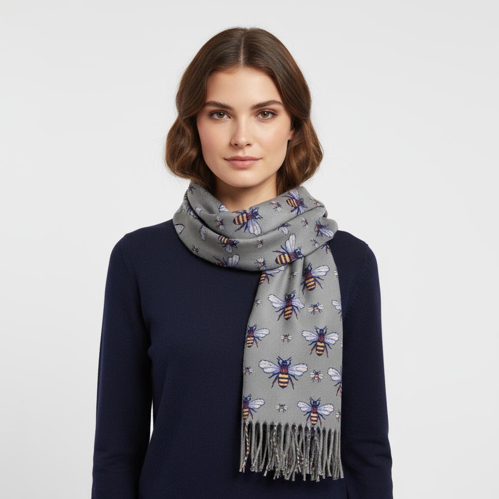 Bee Cashmere Feel Soft Warm Busy Bees Printed Scarves Wrap With Tassels A free Magnetic Brooch Comes with a gift bag