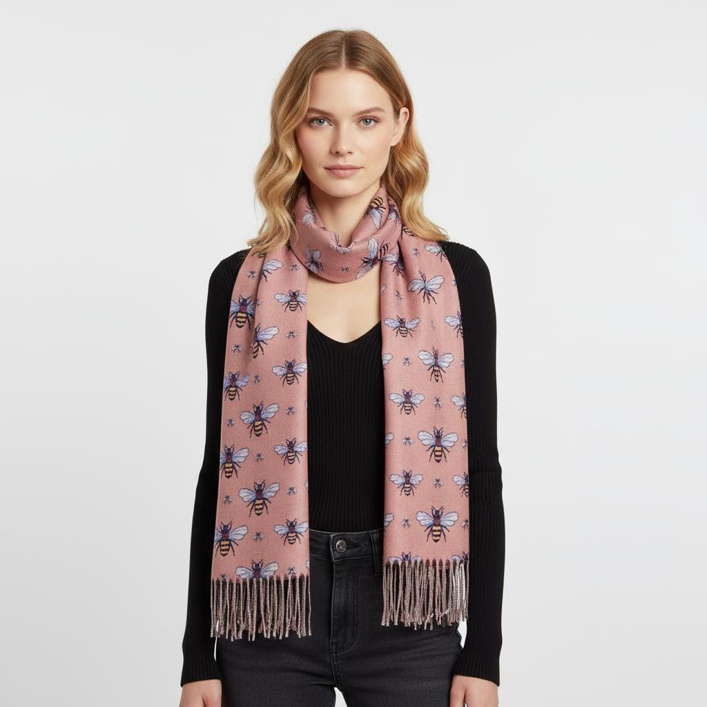 Bee Cashmere Feel Soft Warm Busy Bees Printed Scarves Wrap With Tassels A free Magnetic Brooch Comes with a gift bag