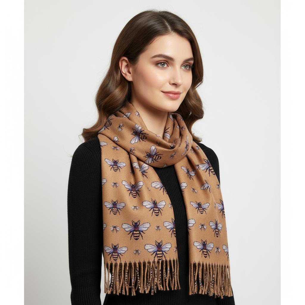 Bee Cashmere Feel Soft Warm Busy Bees Printed Scarves Wrap With Tassels A free Magnetic Brooch Comes with a gift bag