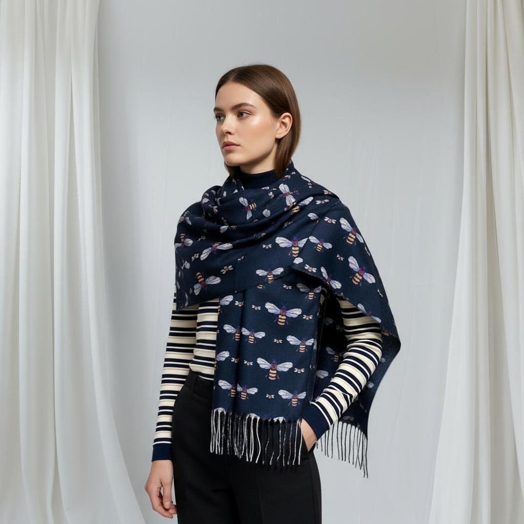 Bee Cashmere Feel Soft Warm Busy Bees Printed Scarves Wrap With Tassels A free Magnetic Brooch Comes with a gift bag