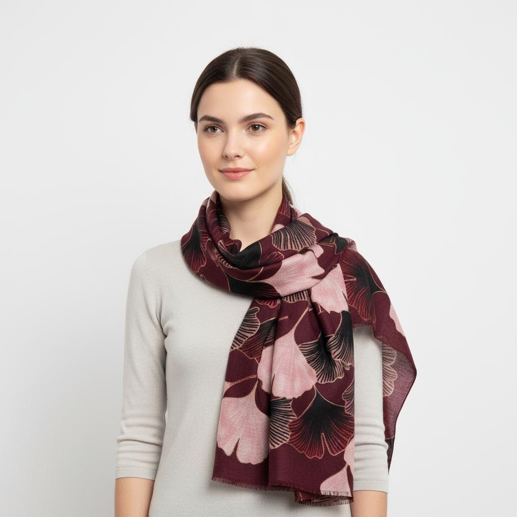 Ginkgo Flower Print Ladies Celebrity Style Scarves Scarf Wrap Comes with a gift bag