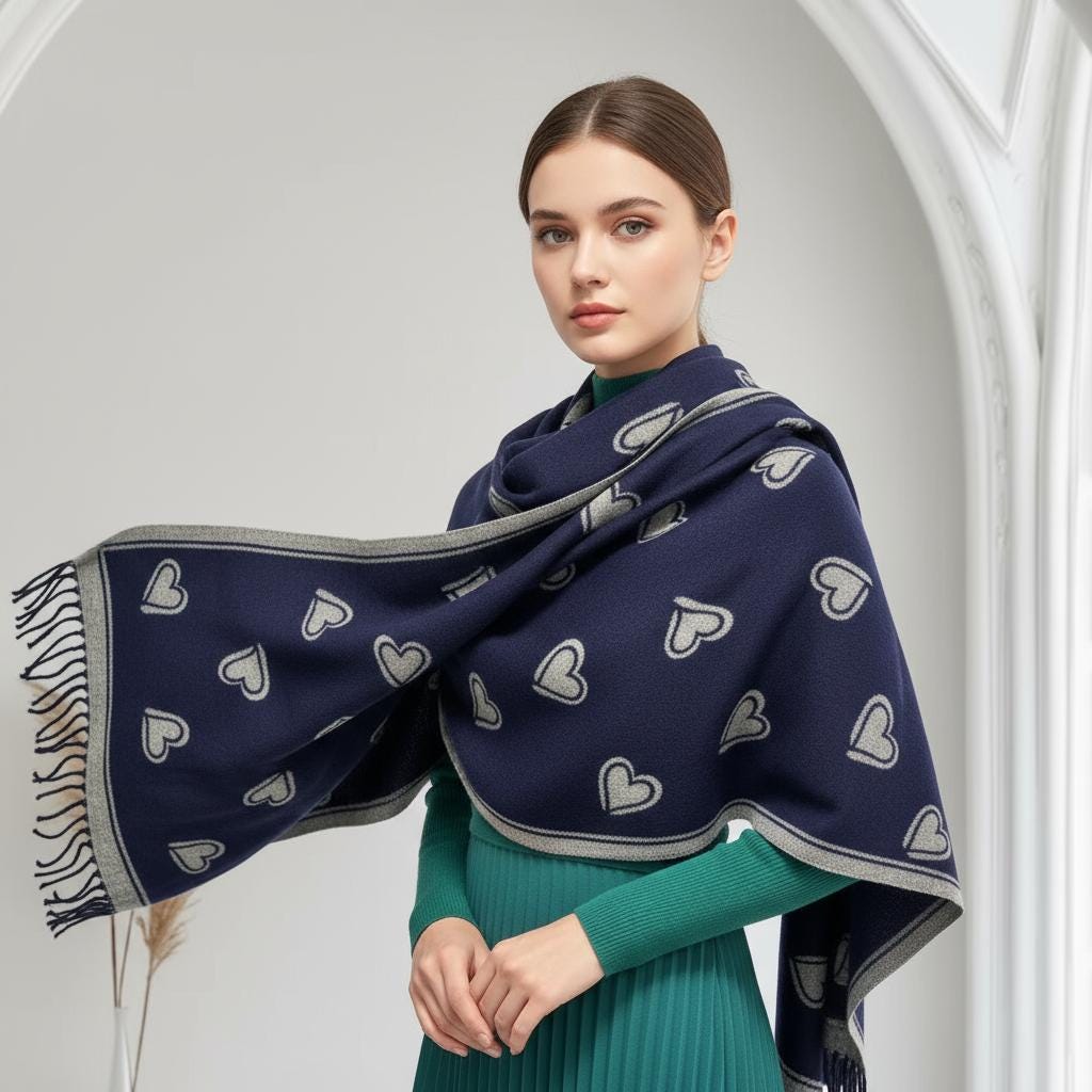 Love Heart Cashmere Blend Soft Large Reversible With Fringes Winter Scarf Shawl With A Magnetic Brooch Comes with a gift bag