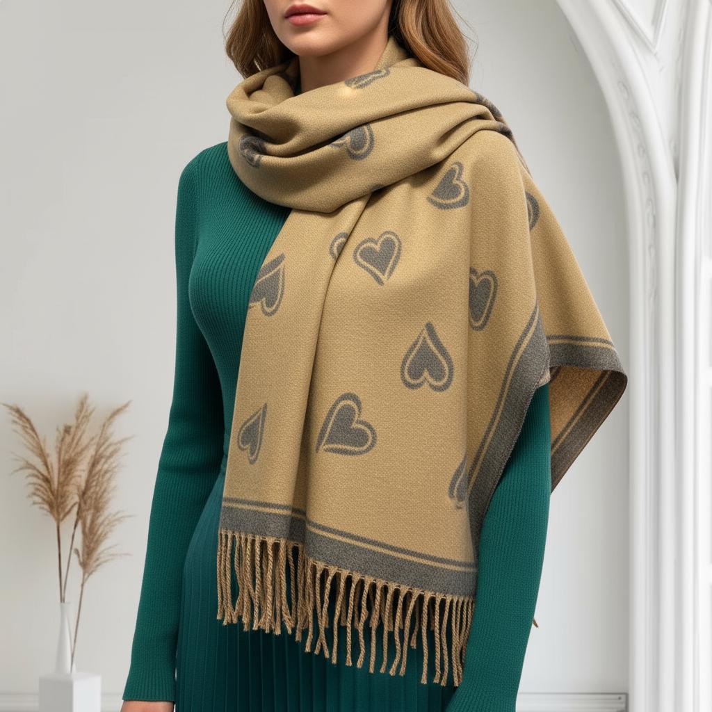 Love Heart Cashmere Blend Soft Large Reversible With Fringes Winter Scarf Shawl With A Magnetic Brooch Comes with a gift bag