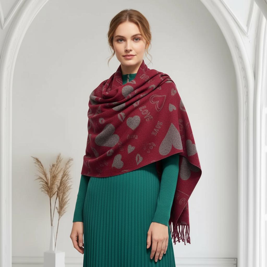 Love Heart Cashmere Blend High Quality Soft Large Reversible Winter Scarf Blanket Scarf Shawl With A Magnetic Brooch Comes with a gift bag