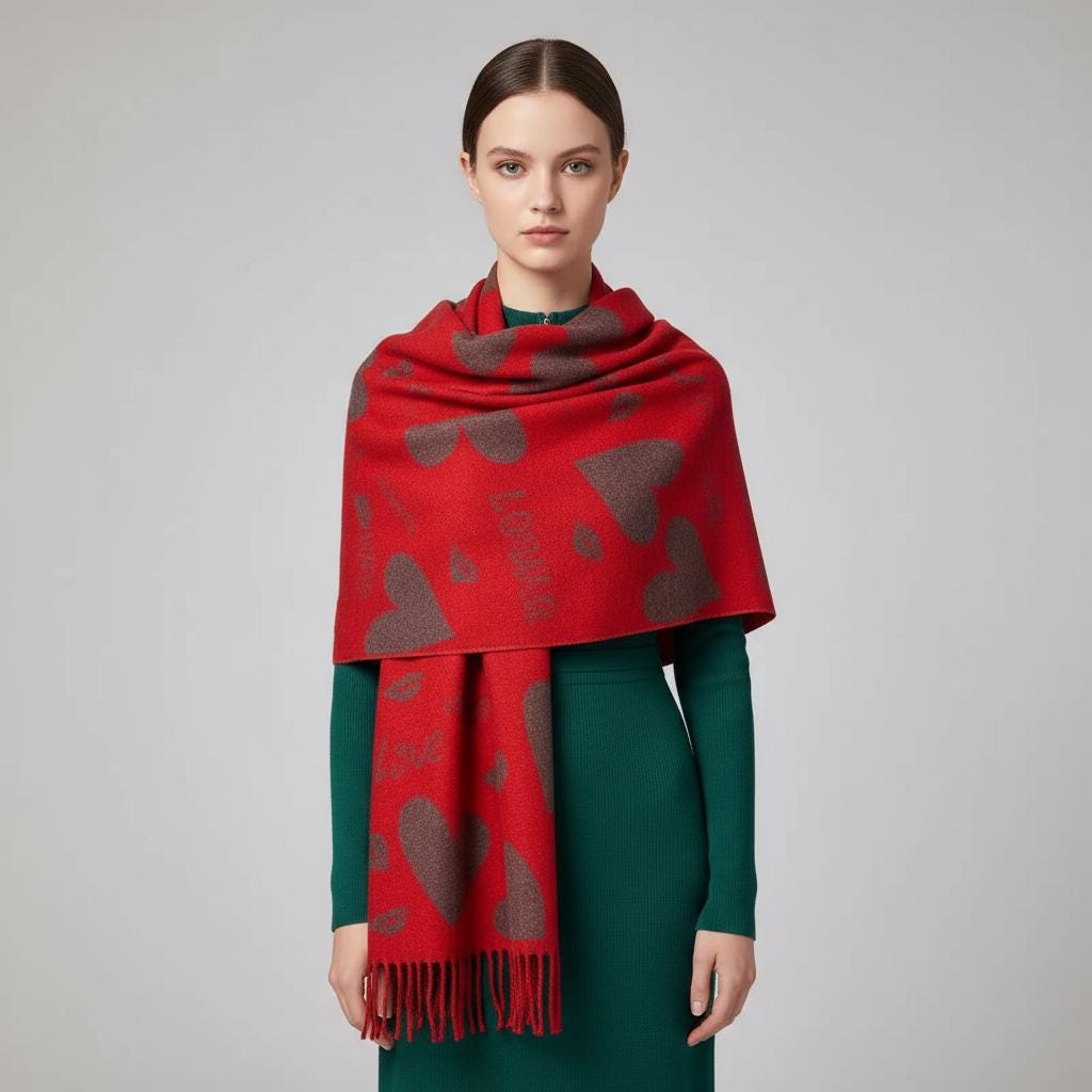 Love Heart Cashmere Blend High Quality Soft Large Reversible Winter Scarf Blanket Scarf Shawl With A Magnetic Brooch Comes with a gift bag