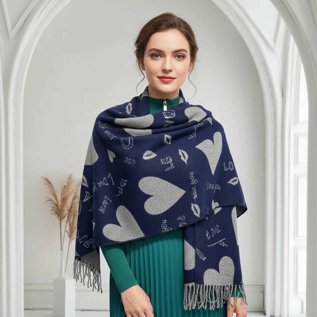 Love Heart Cashmere Blend High Quality Soft Large Reversible Winter Scarf Blanket Scarf Shawl With A Magnetic Brooch Comes with a gift bag