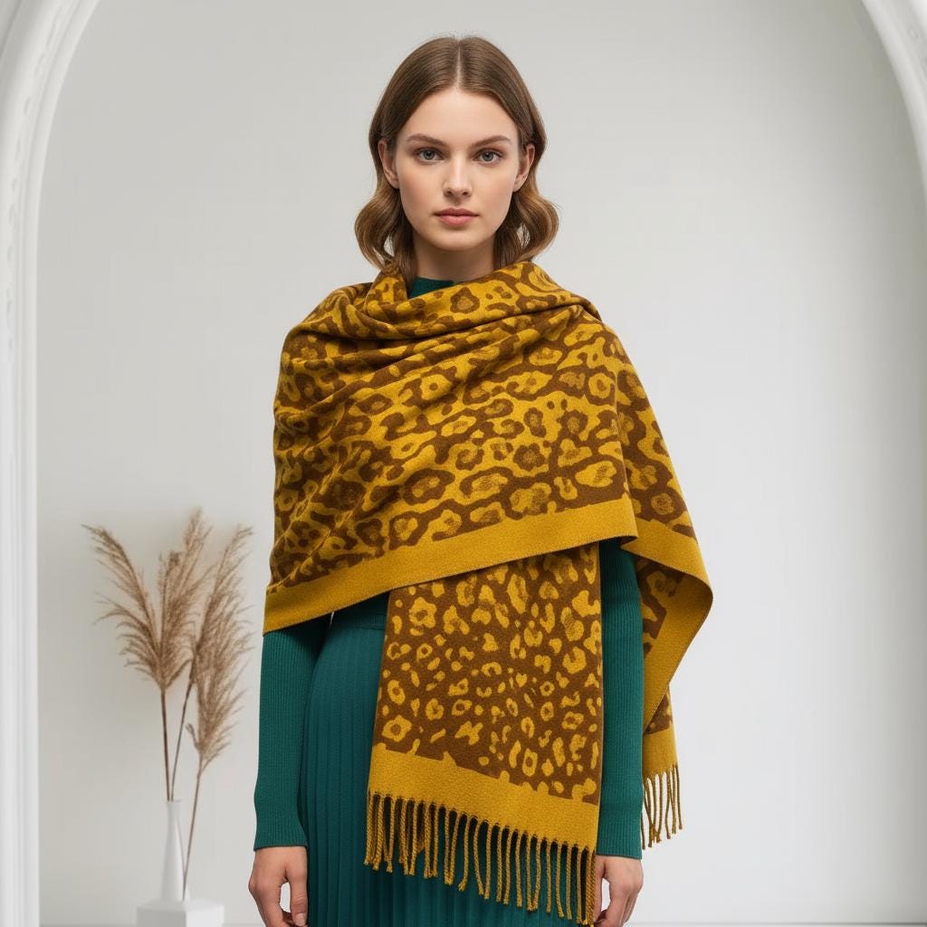 Leopard Cashmere Blend High Quality Soft Large Reversible With Fringes Winter Scarf Shawl With A Free Magnetic Brooch Comes with a gift bag