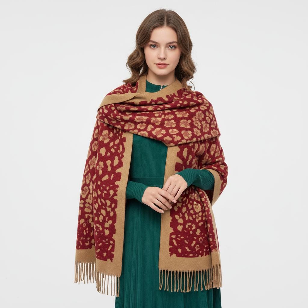 Leopard Cashmere Blend High Quality Soft Large Reversible With Fringes Winter Scarf Shawl With A Free Magnetic Brooch Comes with a gift bag