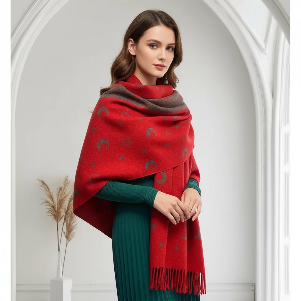 Moon and Stars Cashmere Blend Scarf: Reversible Blanket Shawl Comes with a gift bag