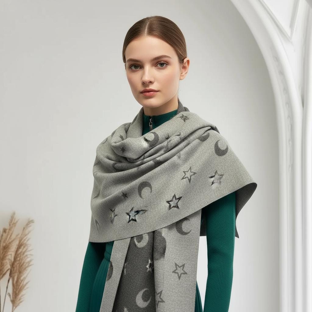 Moon and Stars Cashmere Blend Scarf: Reversible Blanket Shawl Comes with a gift bag