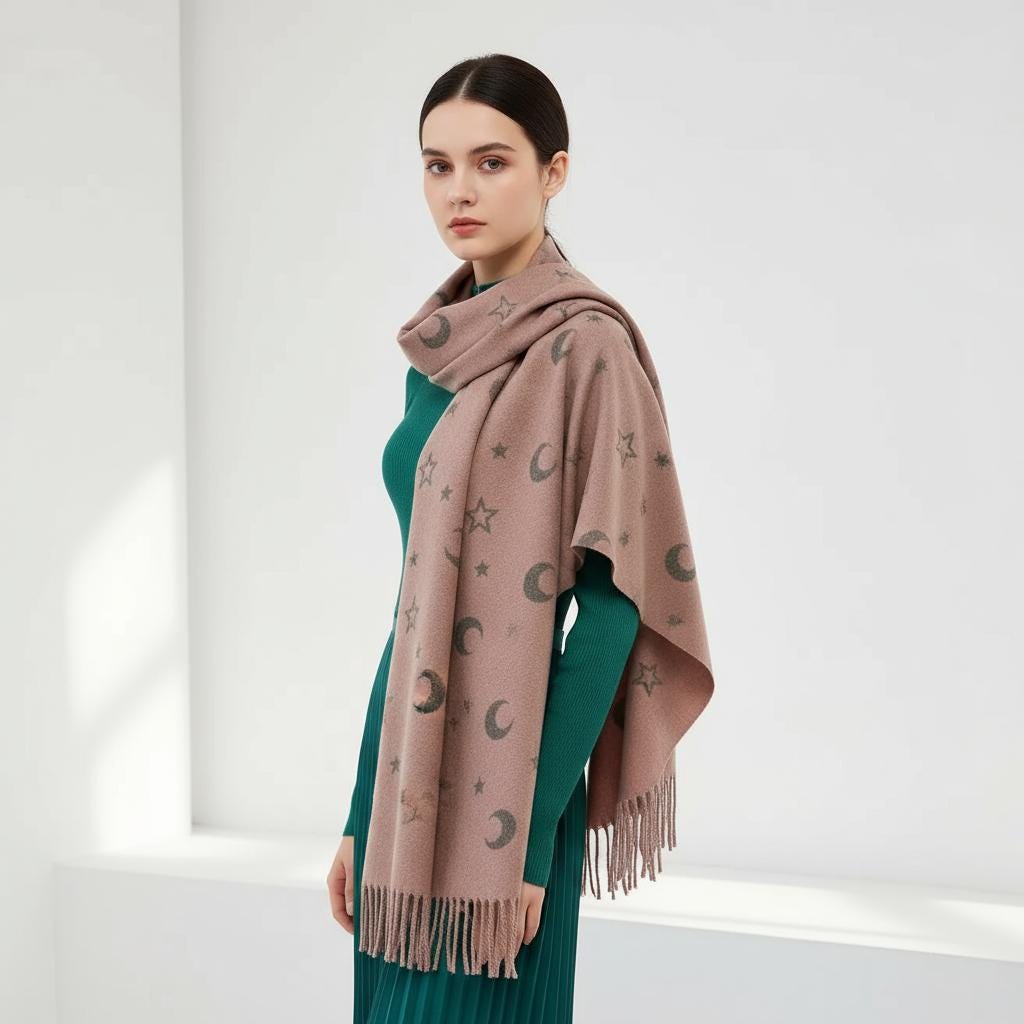 Moon and Stars Cashmere Blend Scarf: Reversible Blanket Shawl Comes with a gift bag