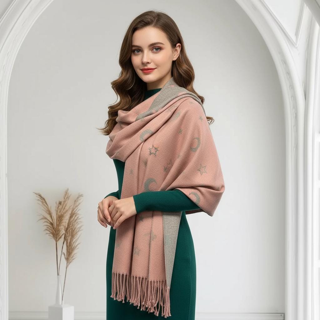 Moon and Stars Cashmere Blend Scarf: Reversible Blanket Shawl Comes with a gift bag