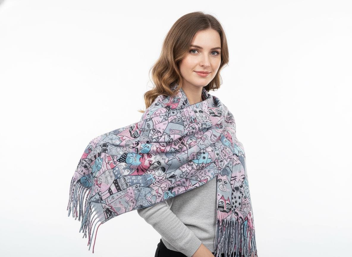 Cute Cat Print Cashmere Feel Shawl Wrap Scarf For Cat Lovers Comes with a gift bag