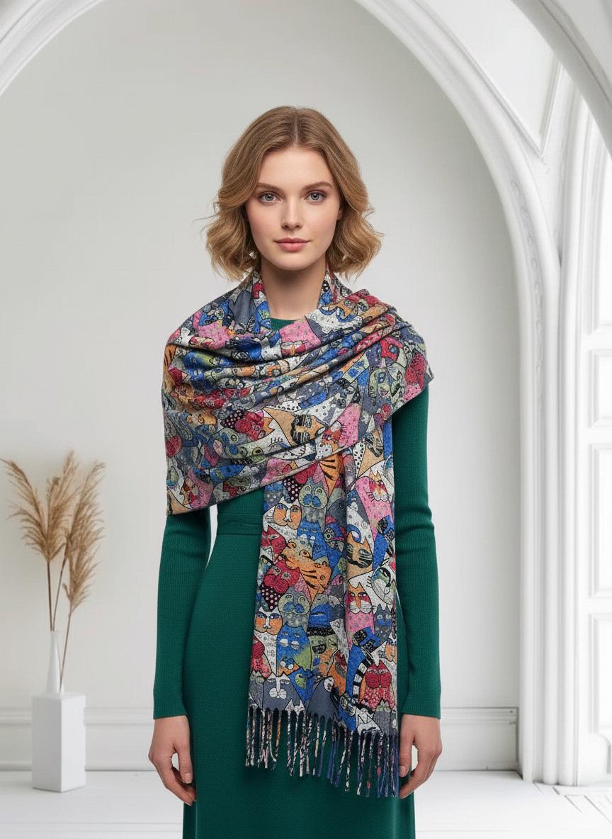Cute Cat Print Cashmere Feel Shawl Wrap Scarf For Cat Lovers Comes with a gift bag