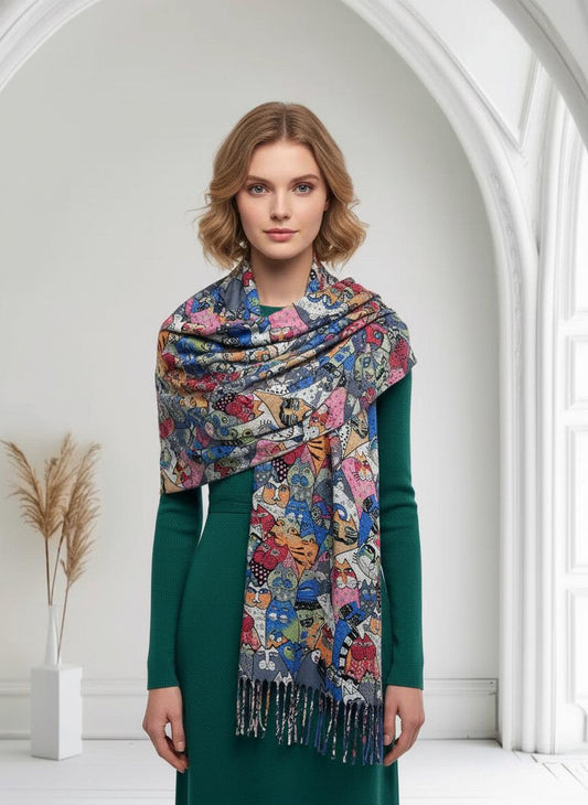 Cute Cat Print Cashmere Feel Shawl Wrap Scarf For Cat Lovers Comes with a gift bag