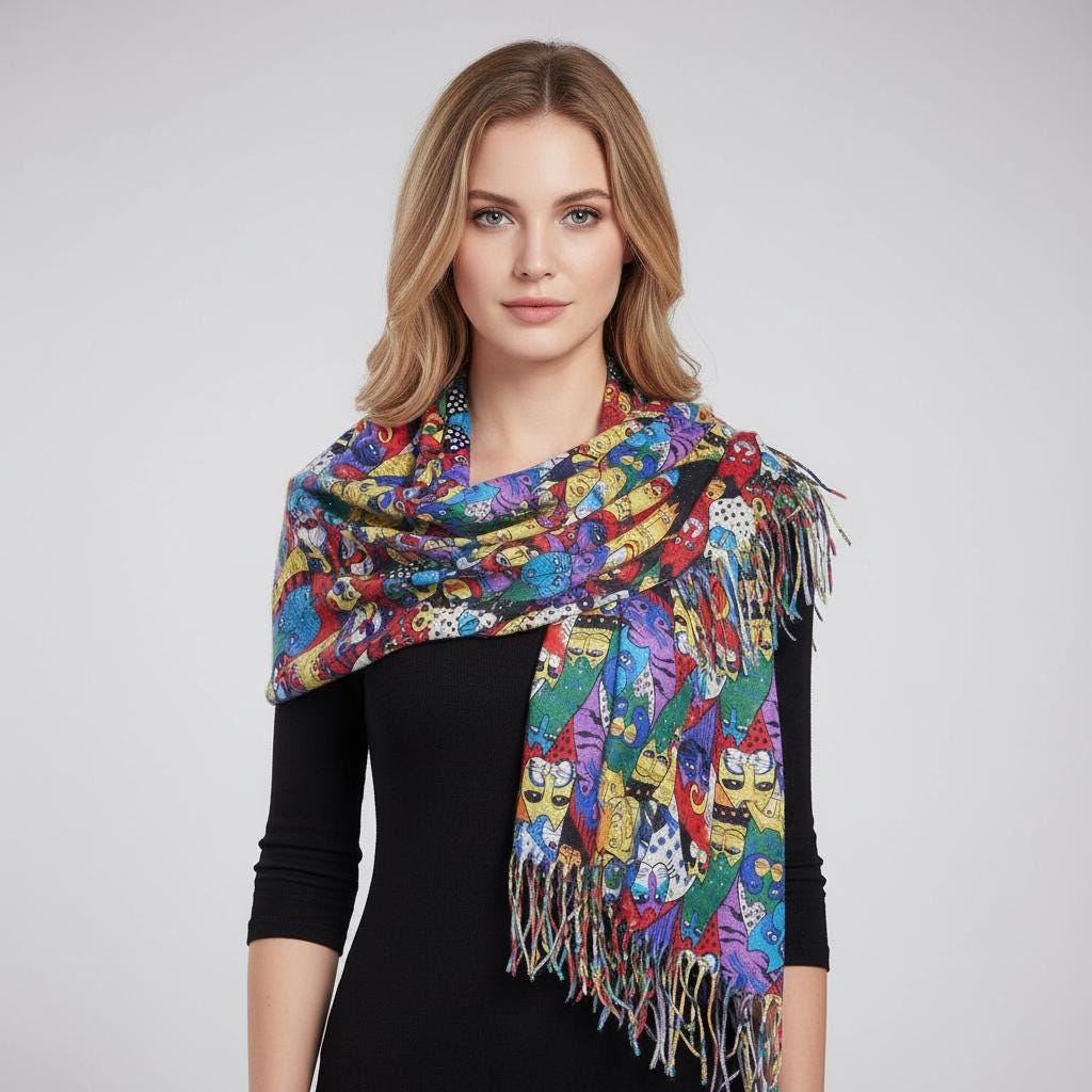 Cute Cat Print Cashmere Feel Shawl Wrap Scarf For Cat Lovers Comes with a gift bag