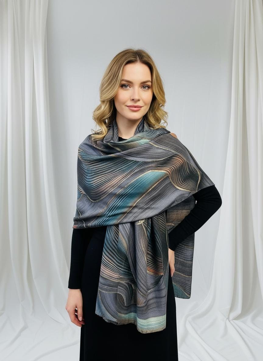 Rose gold outlined Swirl Wave Print Pashmina Shawl Comes with a gift bag