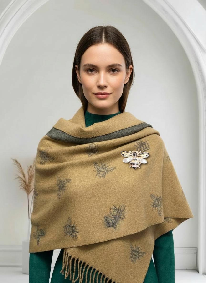 Bee Print Cashmere-Feel Scarf – Grey Wool-Style Wrap with Free Magnetic Brooch