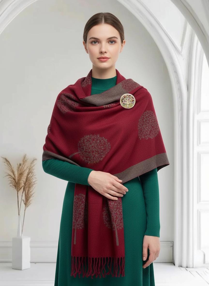 Tree of Life Cashmere Blend Scarf with Magnetic Brooch Comes with a gift bag