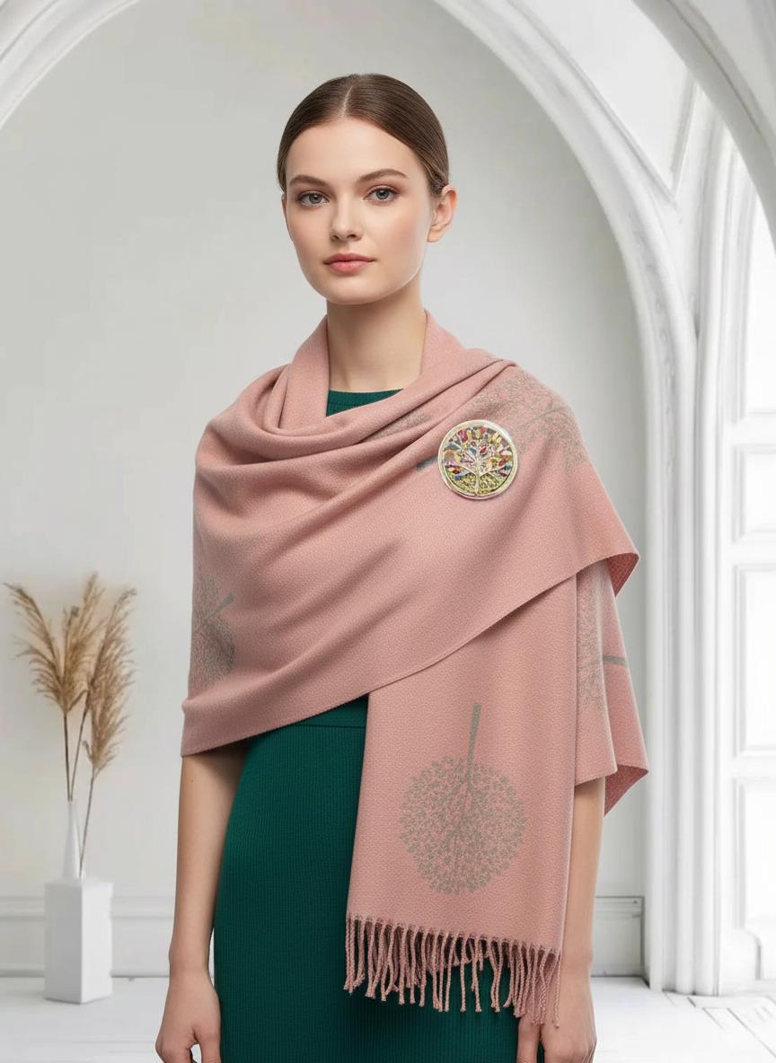 Tree of Life Cashmere Blend Scarf with Magnetic Brooch Comes with a gift bag