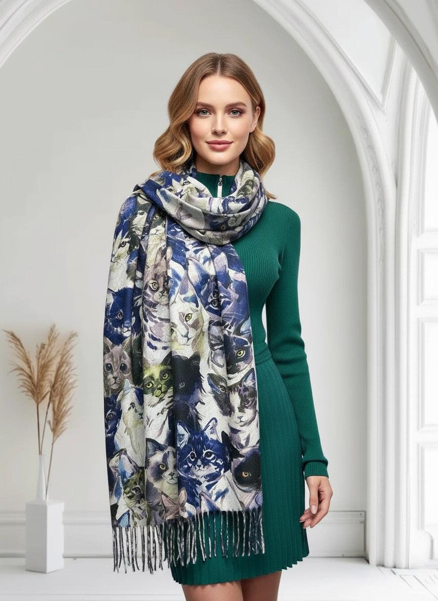 Cat Print Scarf Cashmere Feel Shawl Wrap for Cat Lovers Comes with a gift bag