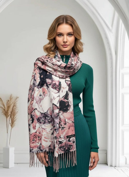 Cat Print Scarf Cashmere Feel Shawl Wrap for Cat Lovers Comes with a gift bag