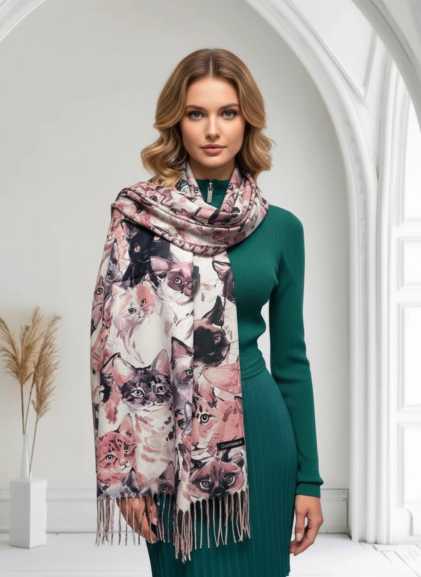 Cat Print Scarf Cashmere Feel Shawl Wrap for Cat Lovers Comes with a gift bag