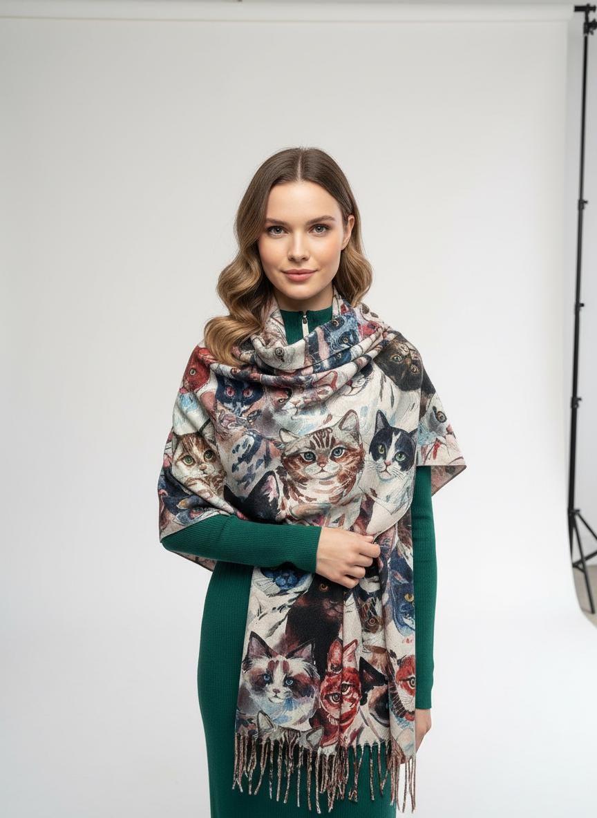 Cat Print Scarf Cashmere Feel Shawl Wrap for Cat Lovers Comes with a gift bag