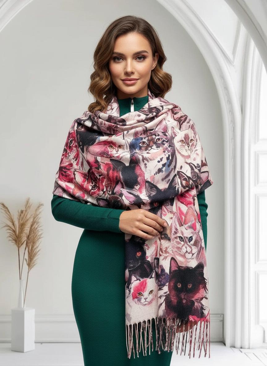 Cat Print Scarf Cashmere Feel Shawl Wrap for Cat Lovers Comes with a gift bag