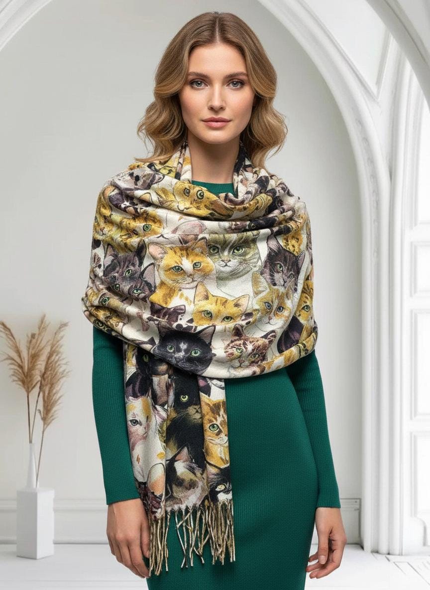 Cat Print Scarf Cashmere Feel Shawl Wrap for Cat Lovers Comes with a gift bag
