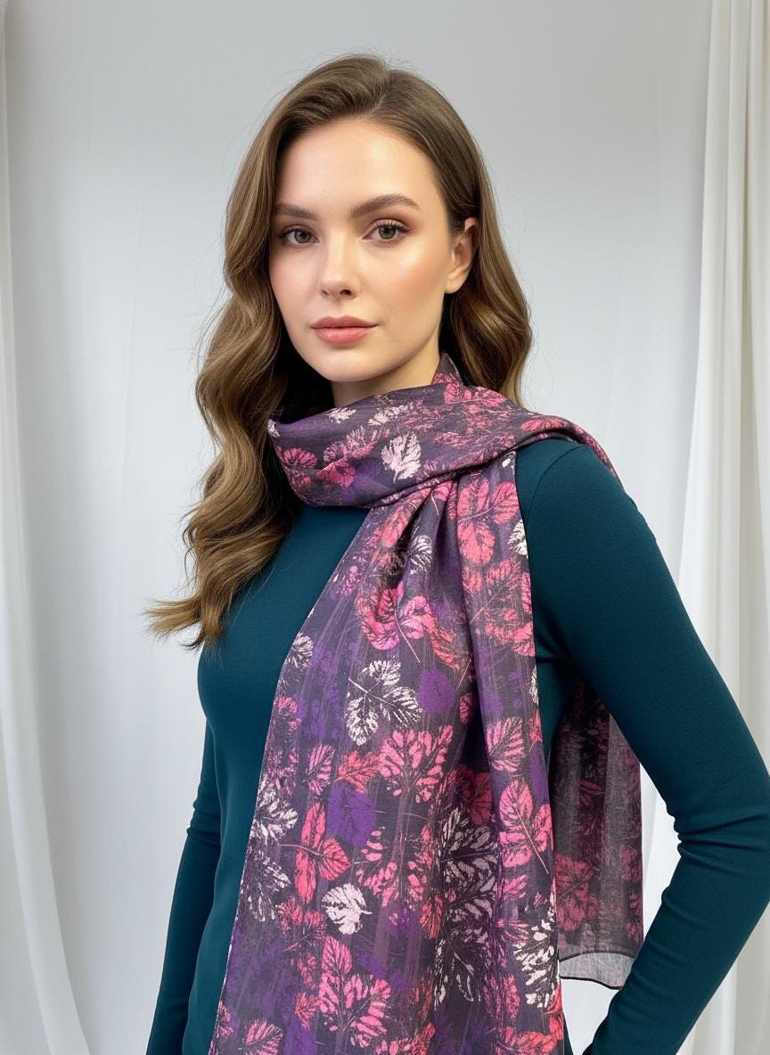 Autumn Leaf Print Scarf Lightweight Viscose Fashion Wrap Comes with a gift bag