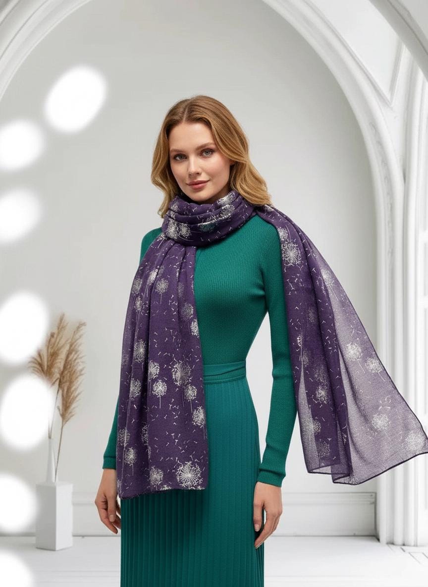 Glitter Shimmer Dandelion Print Scarf For Women Comes with a gift bag