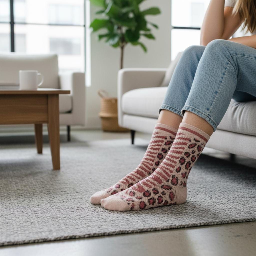 Ladies Seamless Soft Comfort Set of 5 Leopard Diamond Tree Pattern Crew Socks Premium Quality Gift for Her comes with a gift bag
