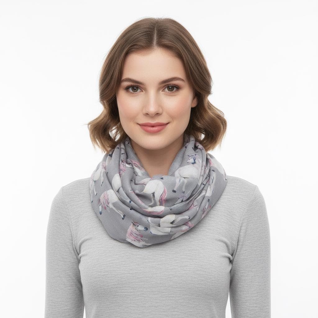 Unicorn Print Snood Infinity Scarf Grey Lightweight Loop Scarf with Pink Mane Detail