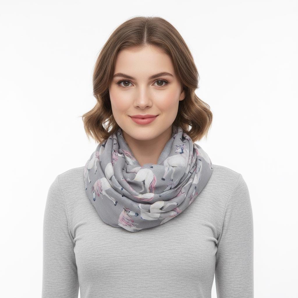 Unicorn Print Snood Infinity Scarf Grey Lightweight Loop Scarf with Pink Mane Detail