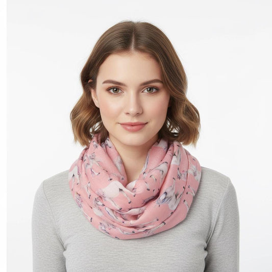 Unicorn Print Snood Infinity Scarf Grey Lightweight Loop Scarf with Pink Mane Detail