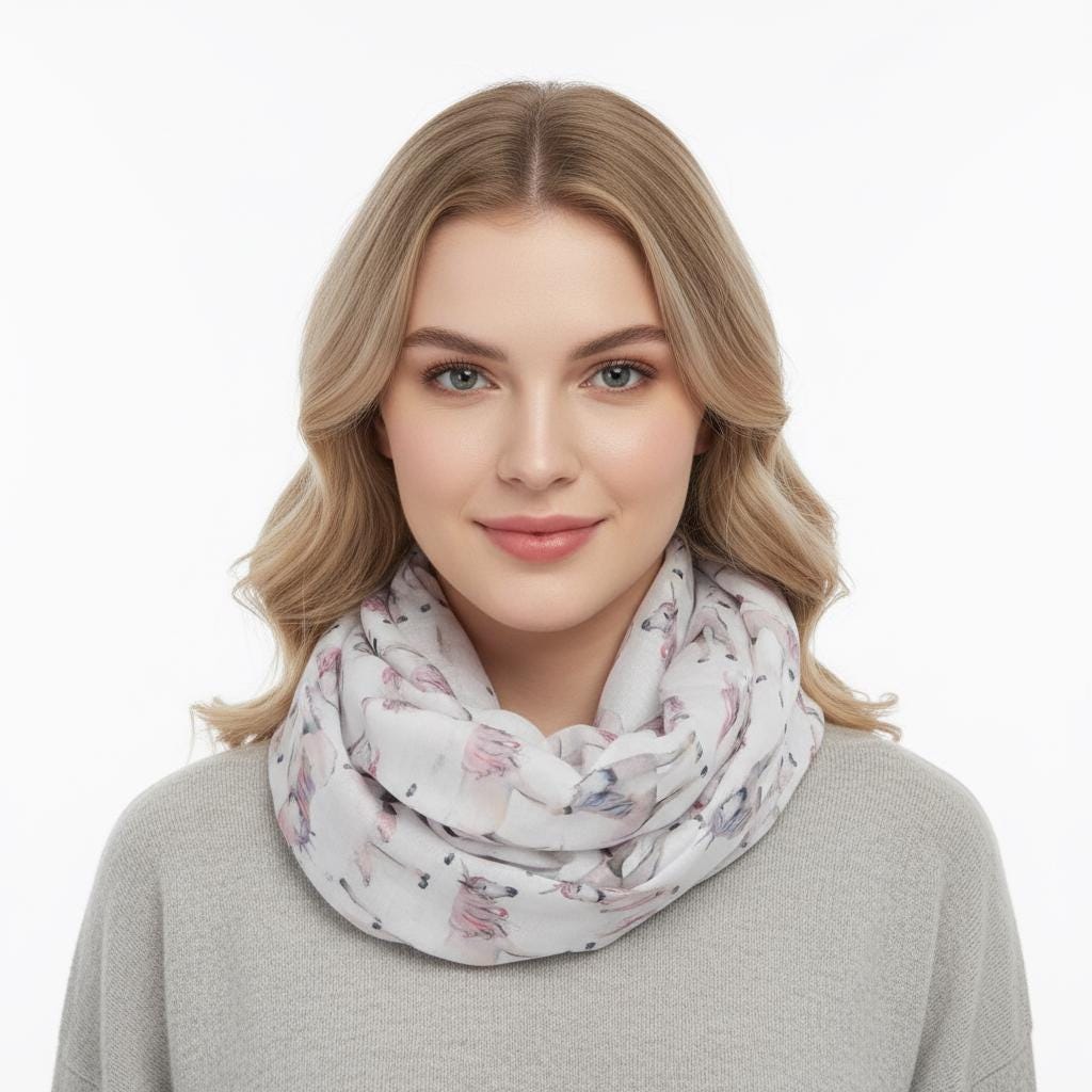 Unicorn Print Snood Infinity Scarf Grey Lightweight Loop Scarf with Pink Mane Detail