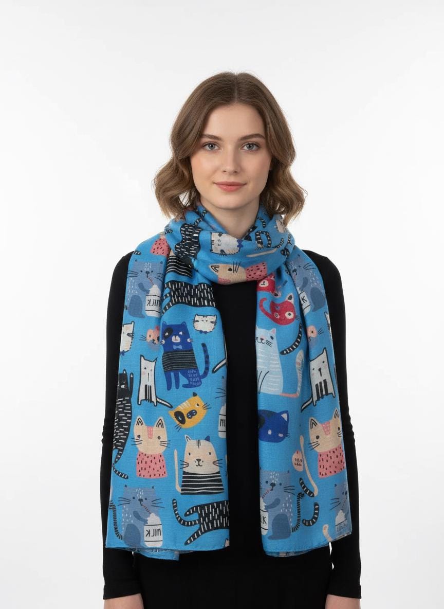 Cute Cat Print Shawl Wrap Scarf All Seasons Scarves For Cat Lovers Comes with a gift bag